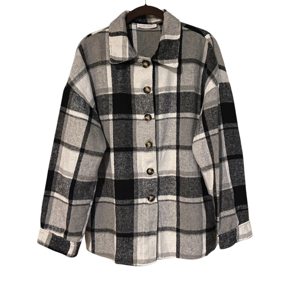 Plaid Cabincore Shacket Jacket Black White Plaid Cotton Blend Flannel Checkered